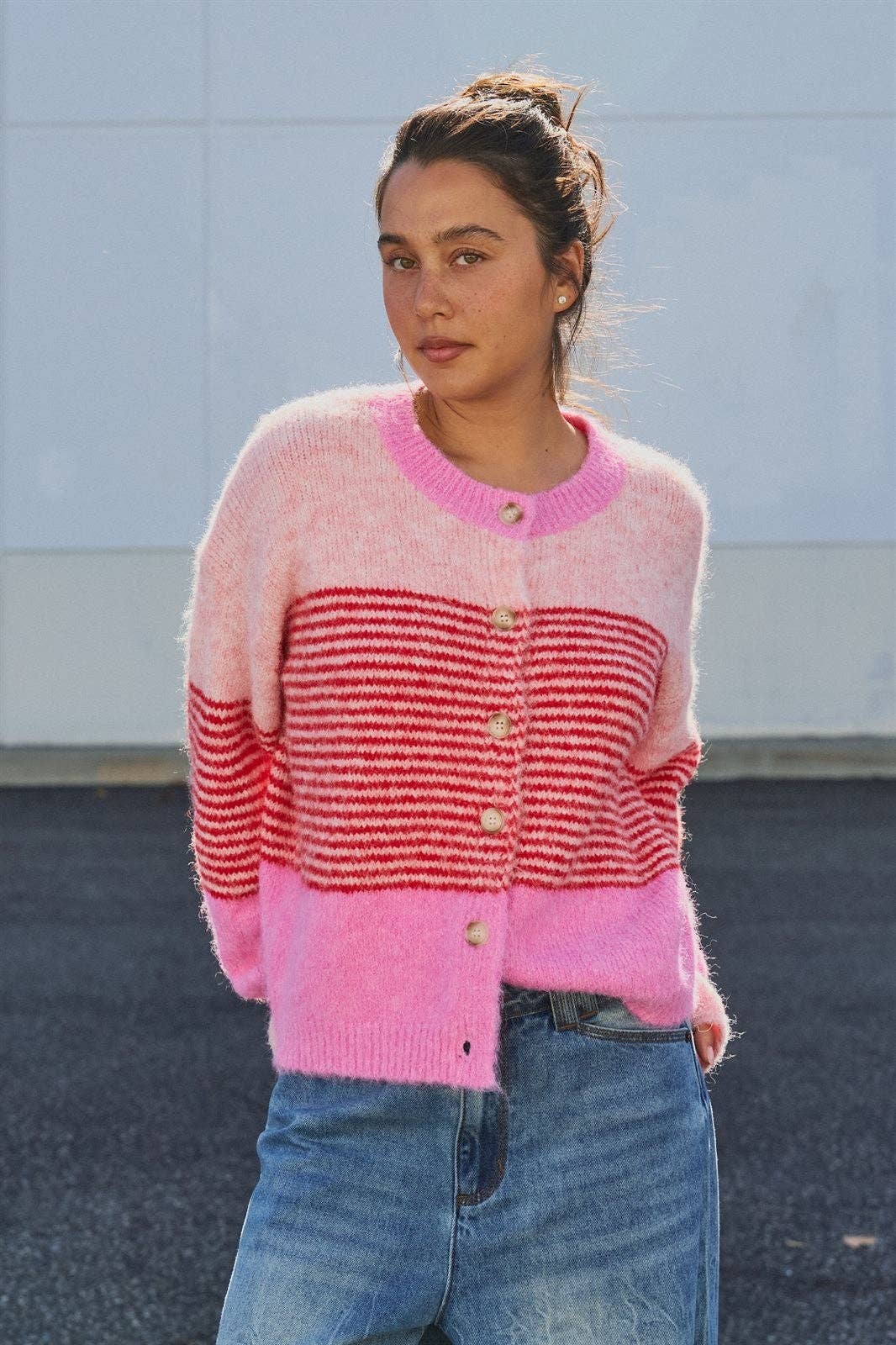 Striped Fuzzy Knit Cardigan in Pink