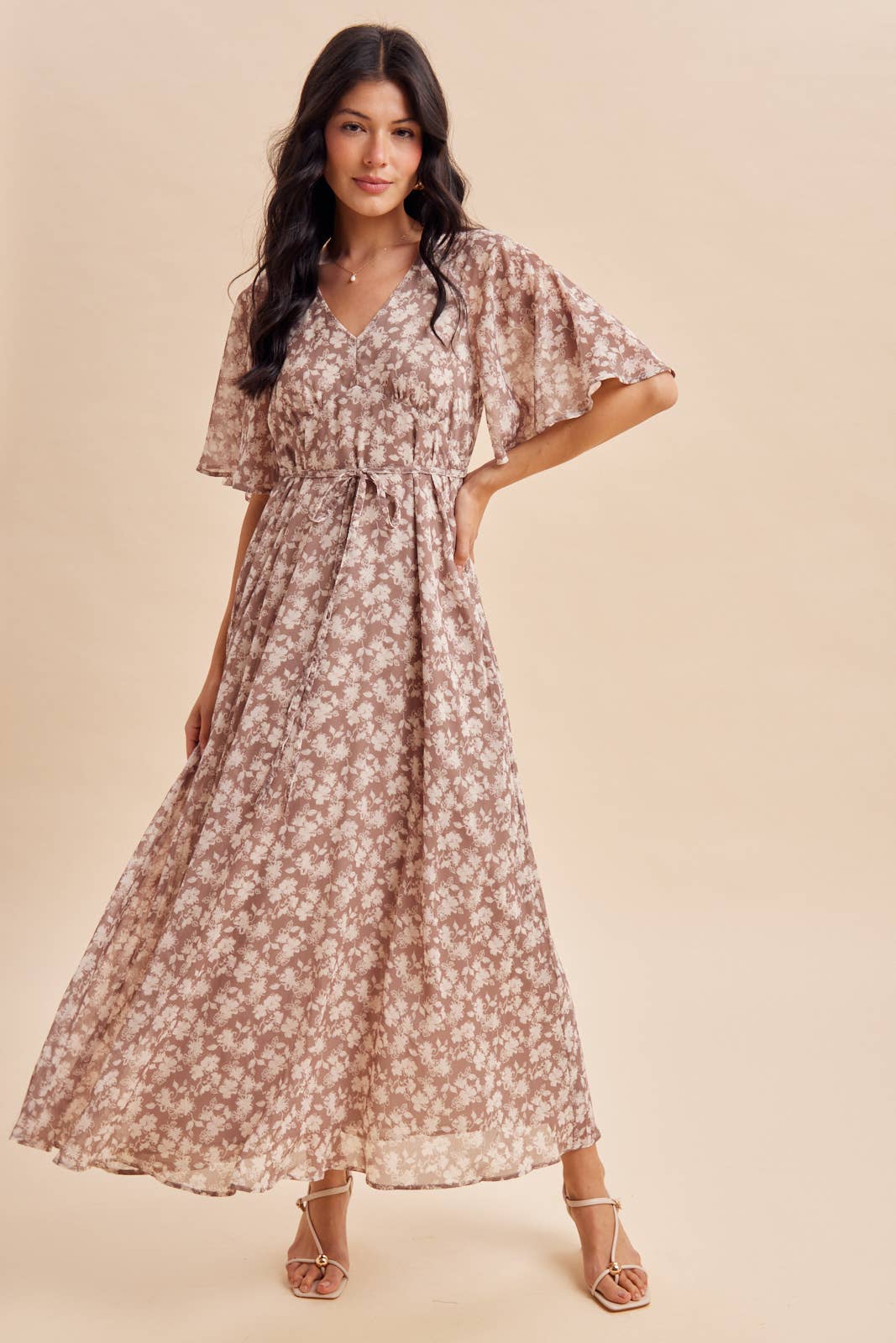 Flutter Sleeve Floral Maxi in Dark Taupe