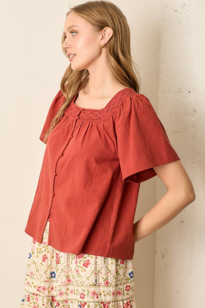 Square Neck Top with Lace Trim