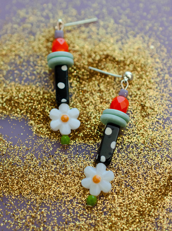 Petal Earrings, Black &amp; White Polka Dots