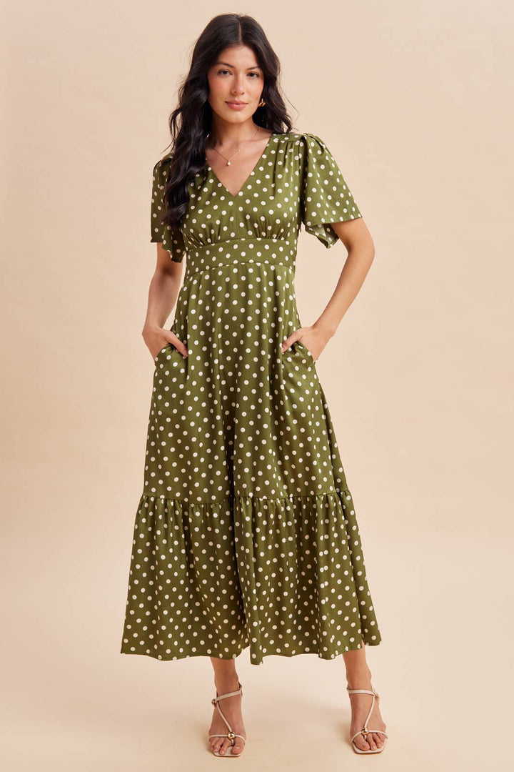 Polka Dot Flutter Sleeve Maxi Dress in Olive
