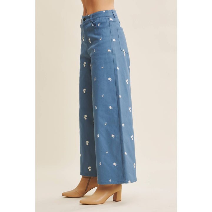 Embroidery Wide Leg Pants in Steel Blue