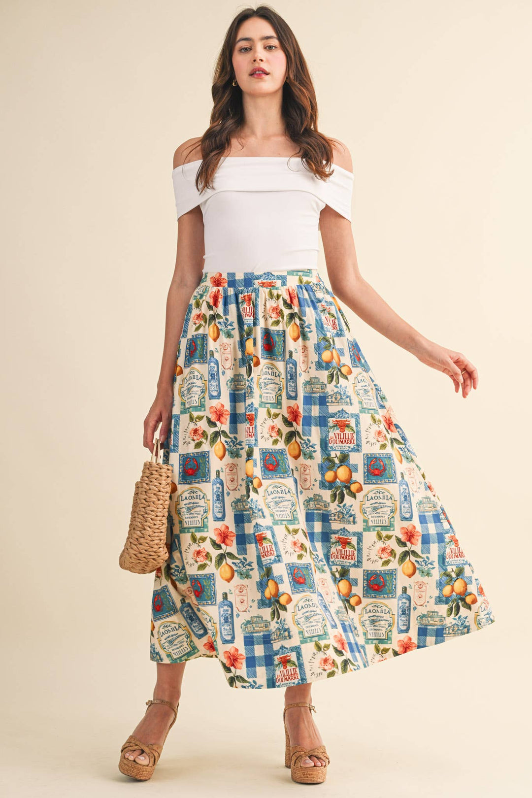 Vintage Print Midi Skirt
