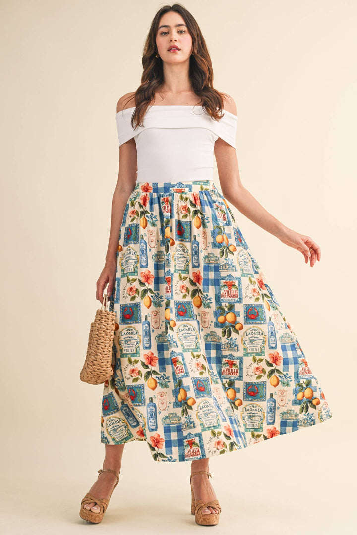 Vintage Print Midi Skirt