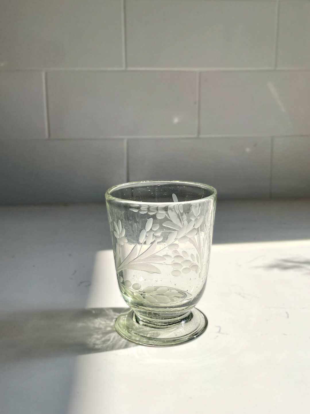 Hand-Etched Blown Footed  Glass