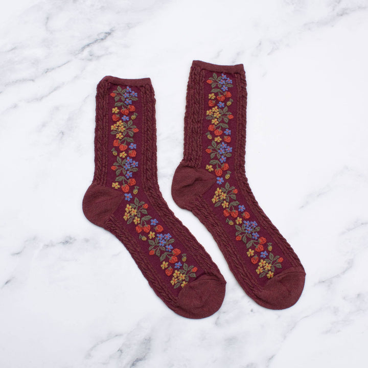 Vintage Strawberry Socks in Burgundy