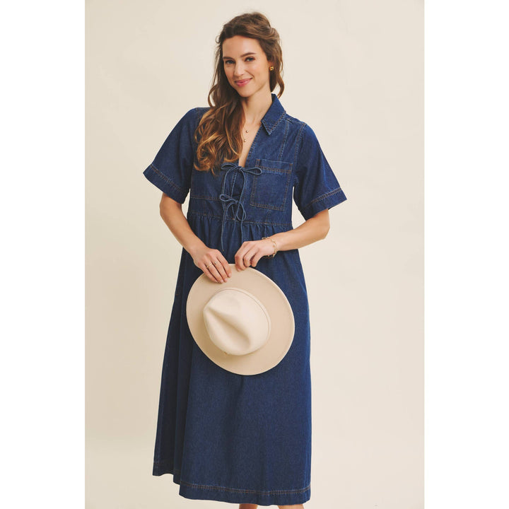 Dark Denim Washed Babydoll Midi Dress with Bow