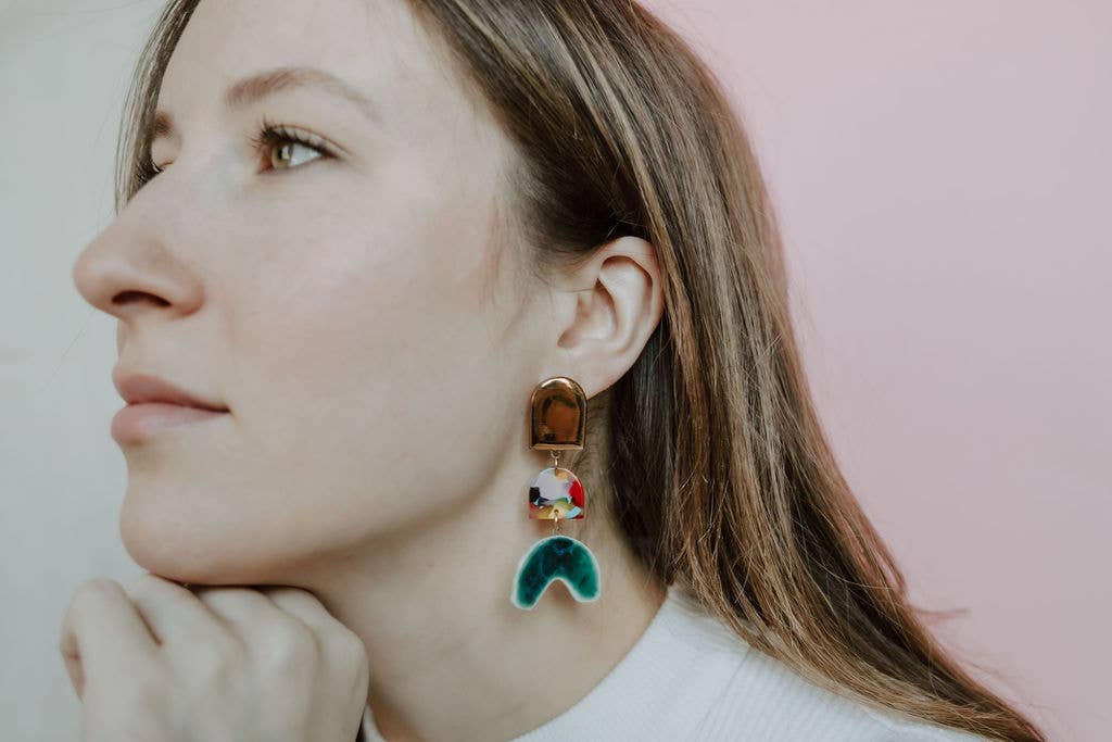 Tiered Rainbow + Emerald Arch Earrings | Crown & Heart