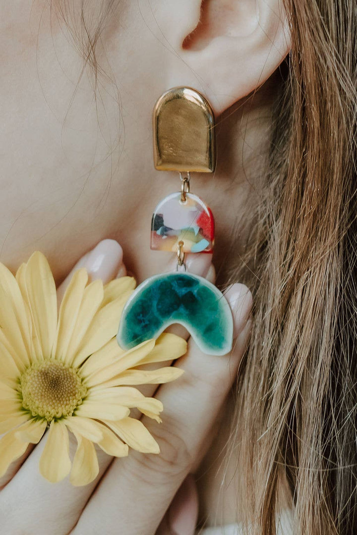 Tiered Rainbow + Emerald Arch Earrings | Crown & Heart