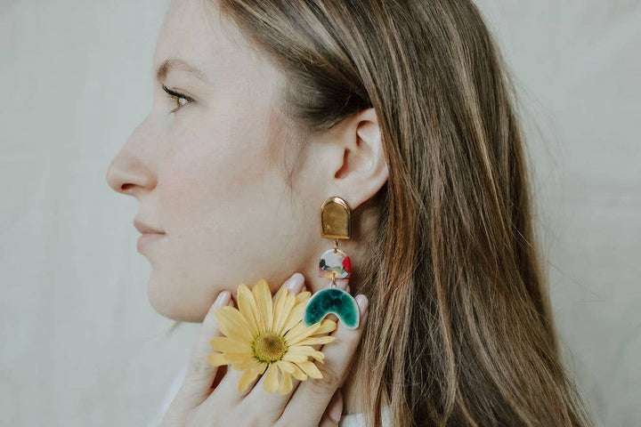 Tiered Rainbow + Emerald Arch Earrings | Crown & Heart