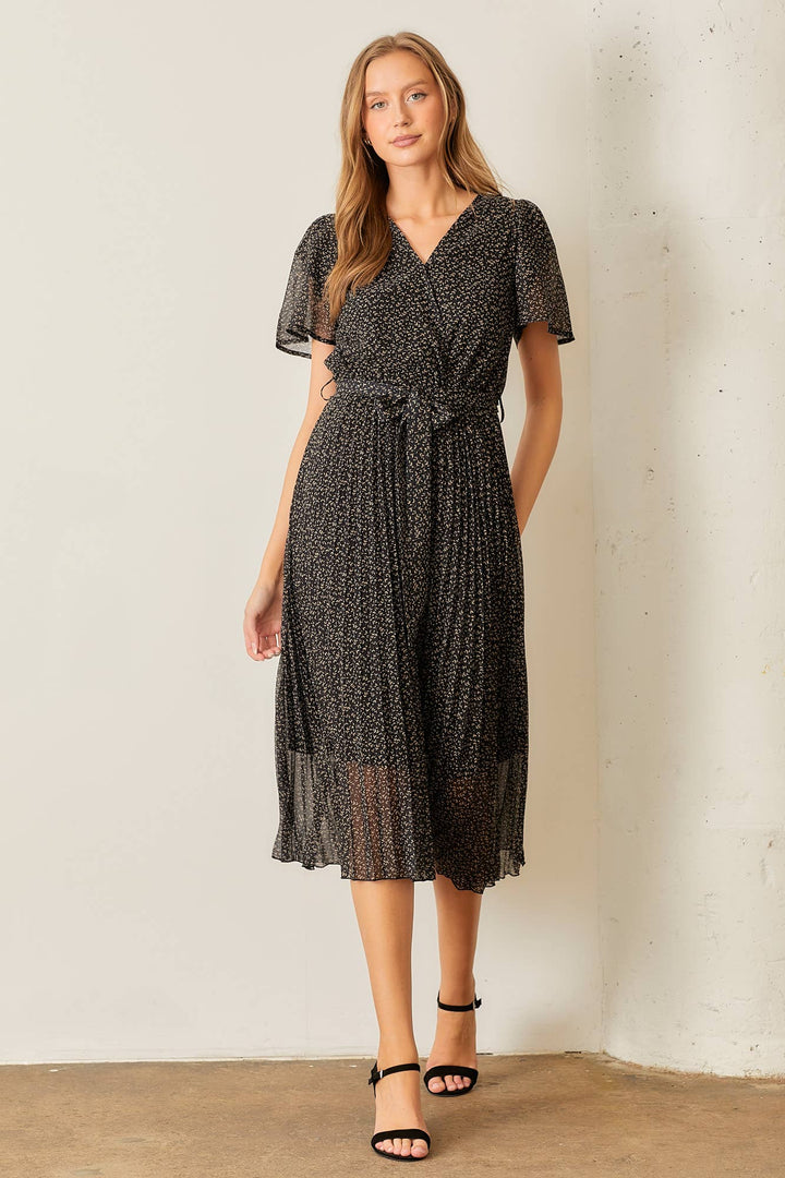 Black Pleated Skirt Midi Dress | Polagram by Wellmade USA