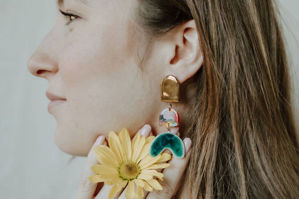 Tiered Rainbow + Emerald Arch Earrings | Crown & Heart