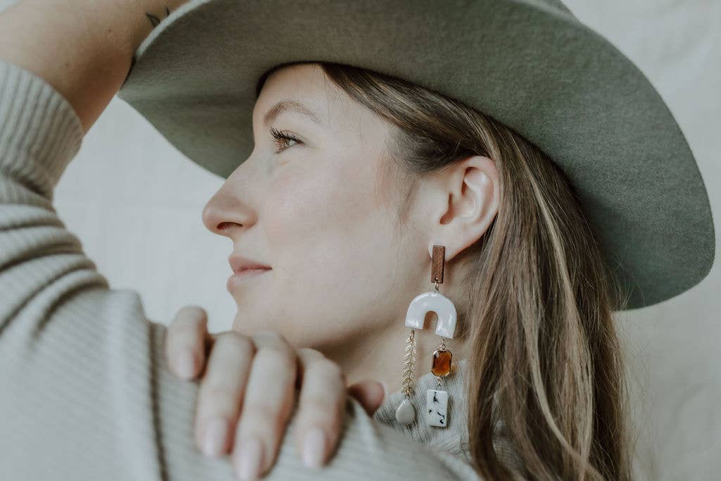 Wood & Pearl Leaf Chain Arch Earrings | Crown & Heart