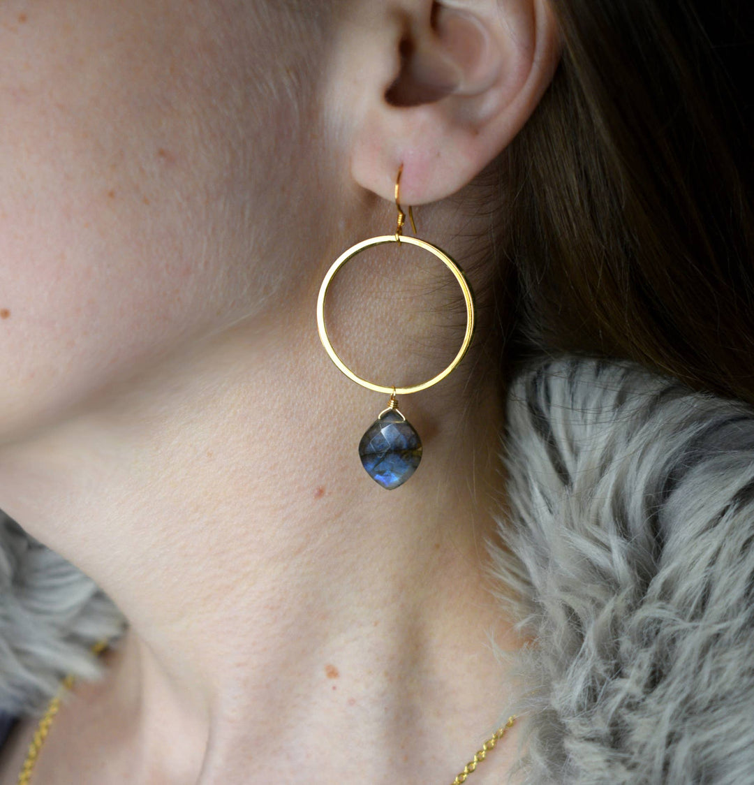 Aurora Labradorite Gold Circle Dangle Earrings | Edgy Petal Jewelry