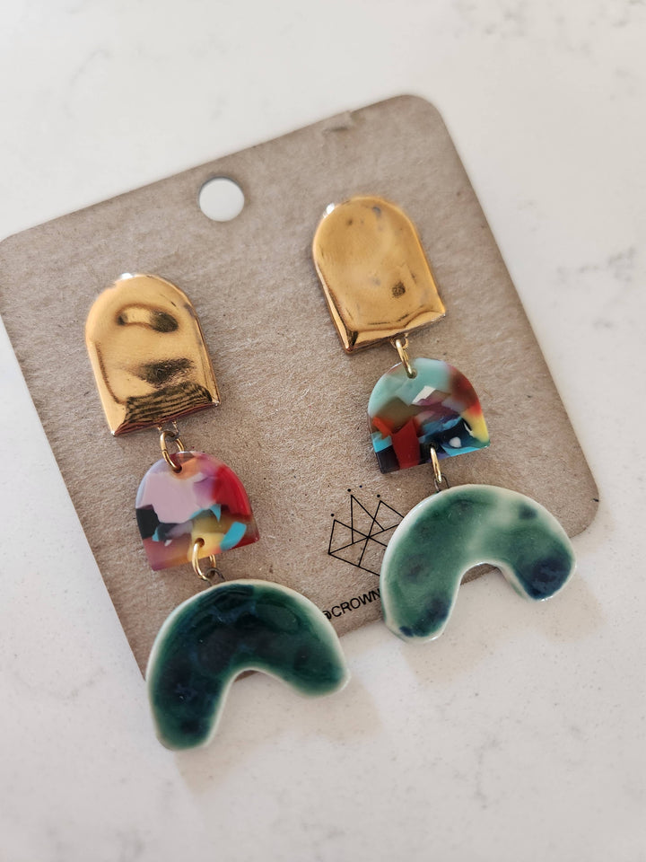 Tiered Rainbow + Emerald Arch Earrings | Crown & Heart