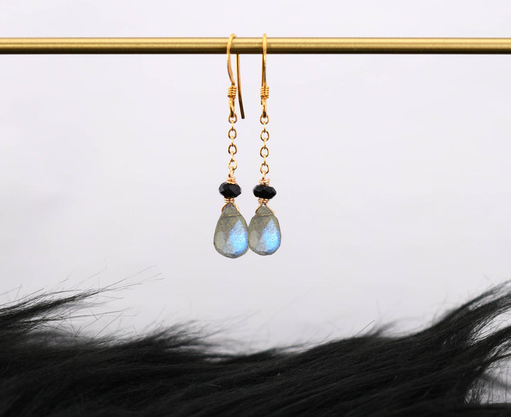 Dainty Labradorite + Onyx Gold Chain Earring | Edgy Petal Jewelry