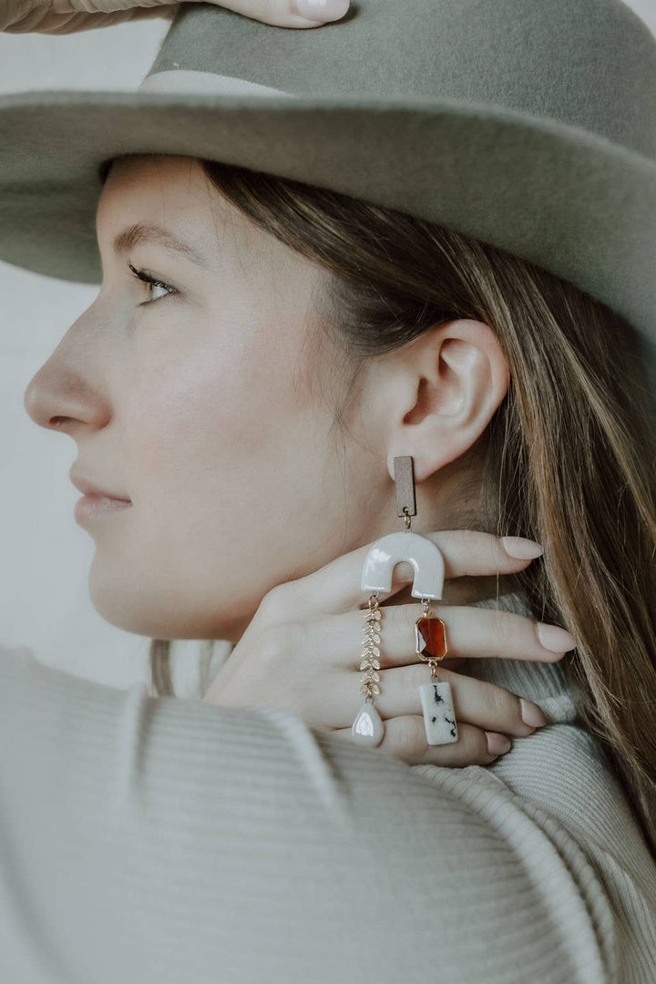 Wood & Pearl Leaf Chain Arch Earrings | Crown & Heart