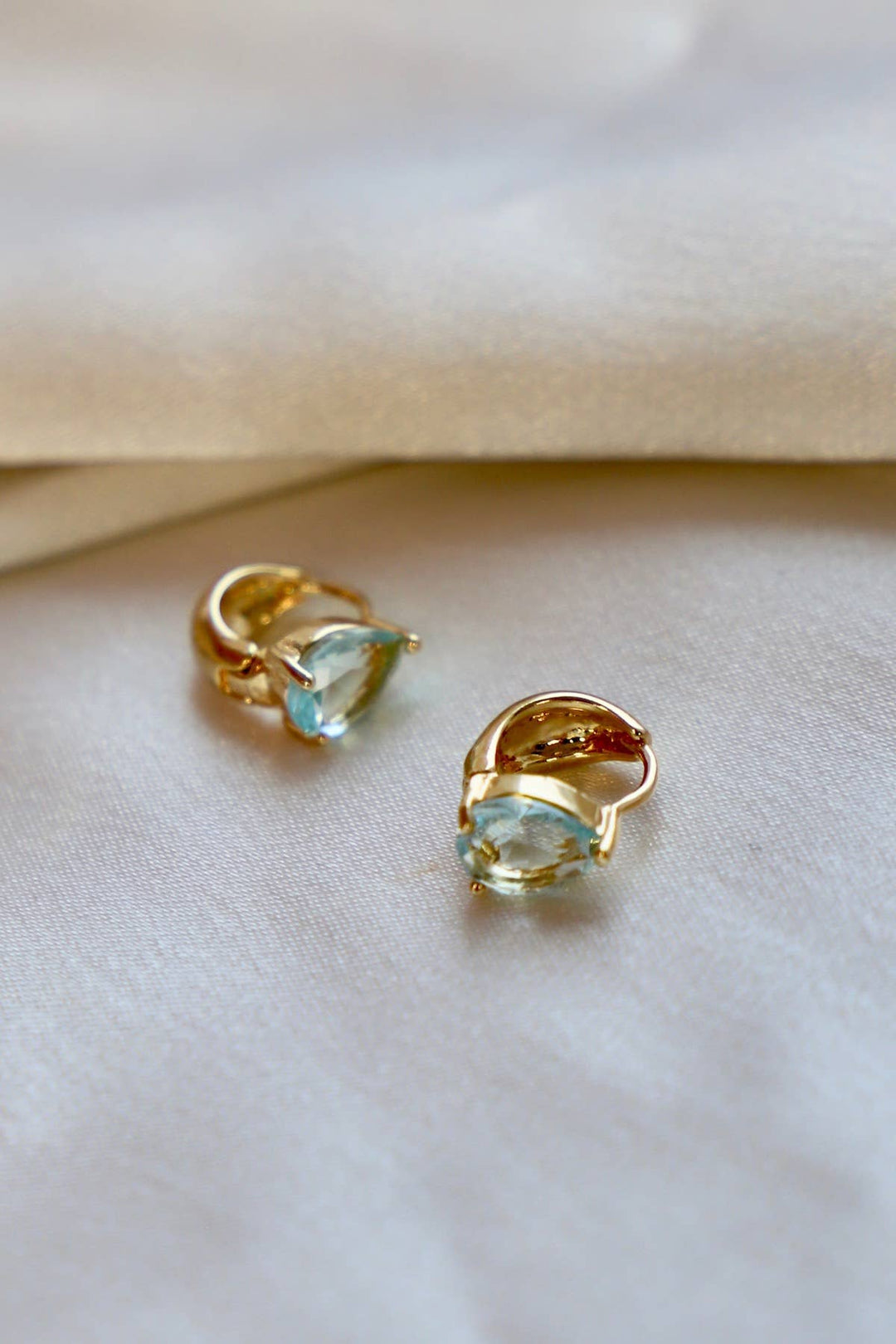 Crystal Teardrop Huggies in Aquamarine | Katie Waltman Jewelry