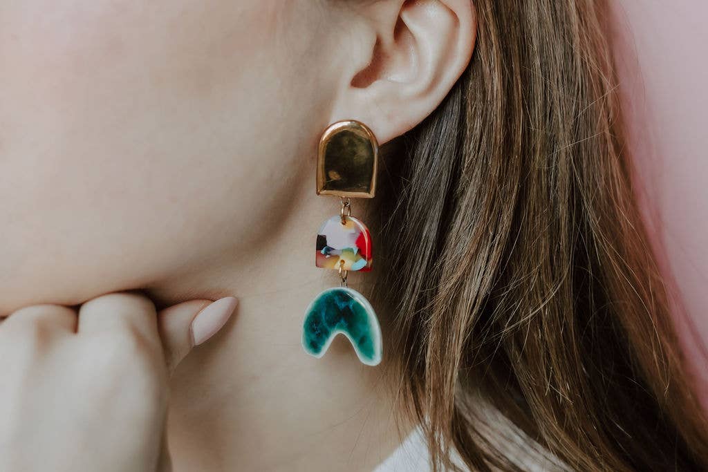 Tiered Rainbow + Emerald Arch Earrings | Crown & Heart