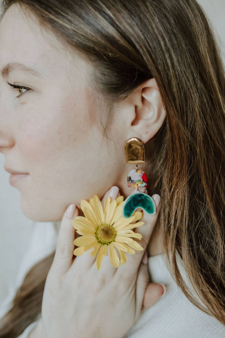 Tiered Rainbow + Emerald Arch Earrings | Crown & Heart