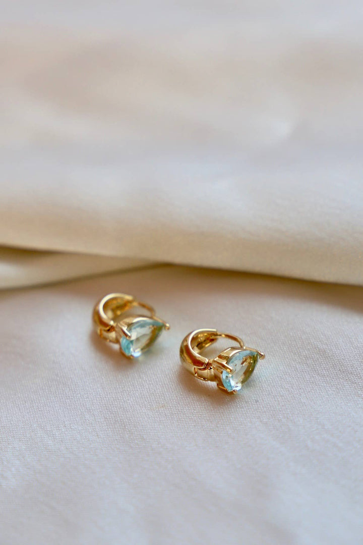 Crystal Teardrop Huggies in Aquamarine | Katie Waltman Jewelry