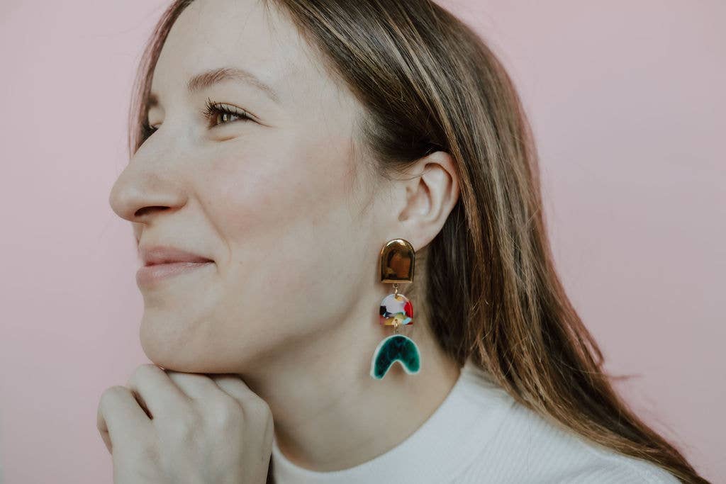 Tiered Rainbow + Emerald Arch Earrings | Crown & Heart