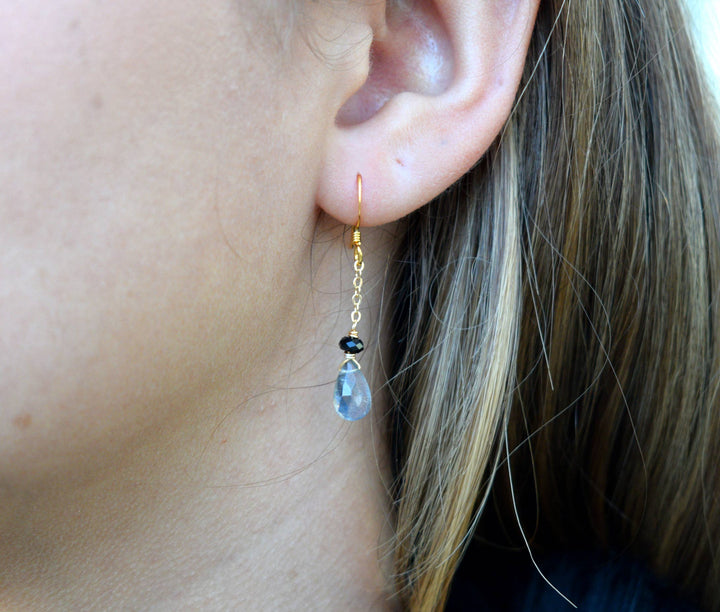 Dainty Labradorite + Onyx Gold Chain Earring | Edgy Petal Jewelry