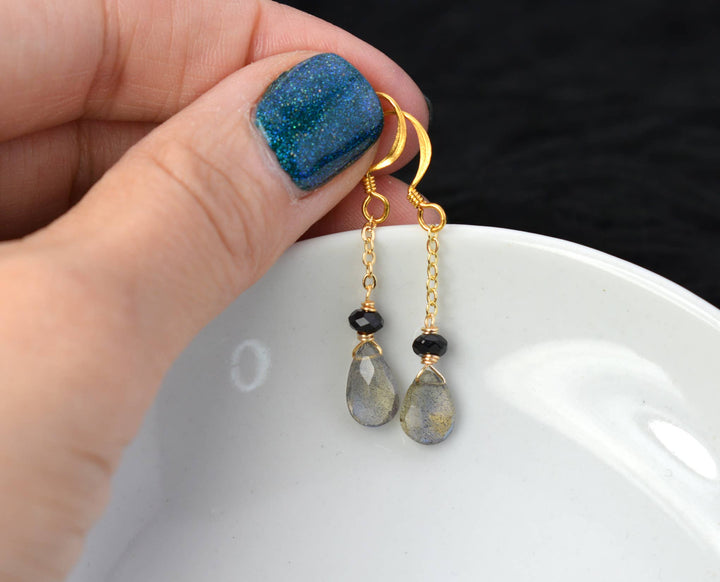 Dainty Labradorite + Onyx Gold Chain Earring | Edgy Petal Jewelry