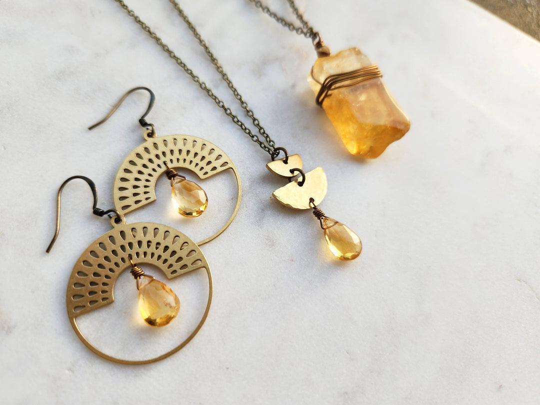 Citrine Half Circle Pendant Necklace | Edgy Petal Jewelry