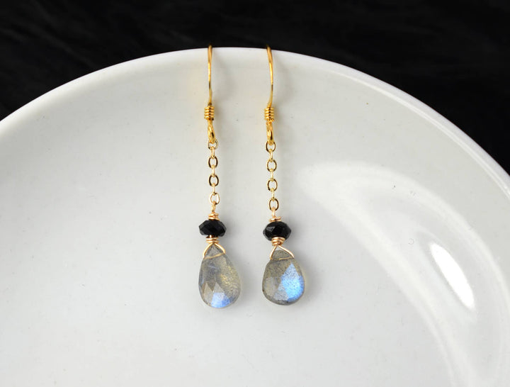 Dainty Labradorite + Onyx Gold Chain Earring | Edgy Petal Jewelry