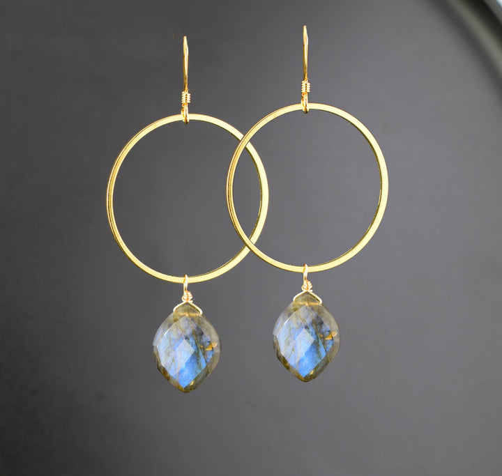 Aurora Labradorite Gold Circle Dangle Earrings | Edgy Petal Jewelry