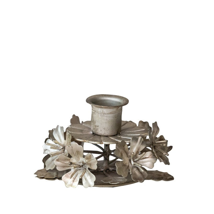 Metal Leaves &amp; Flowers Taper Holder, Antique Silver Finish