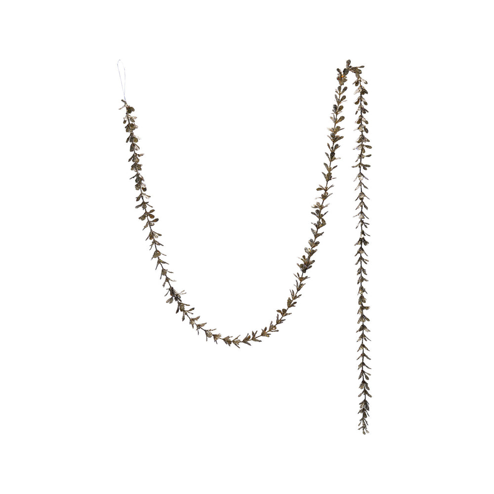 72"L x 1"H Faux Boxwood Garland with Glitter, Champagne Finish