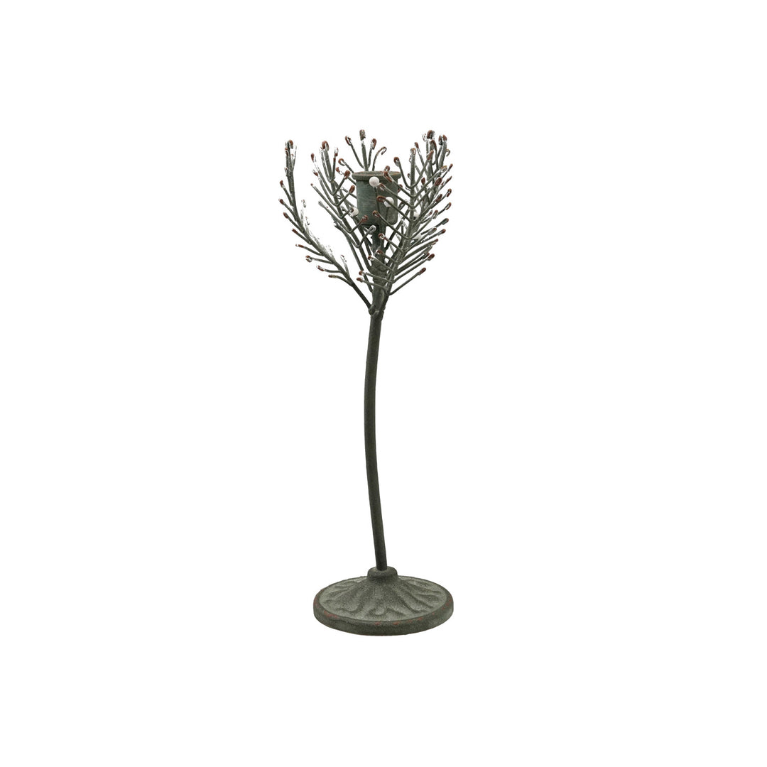 Painted Metal Pine Sprig Shaped Taper Holder, Green &amp; White