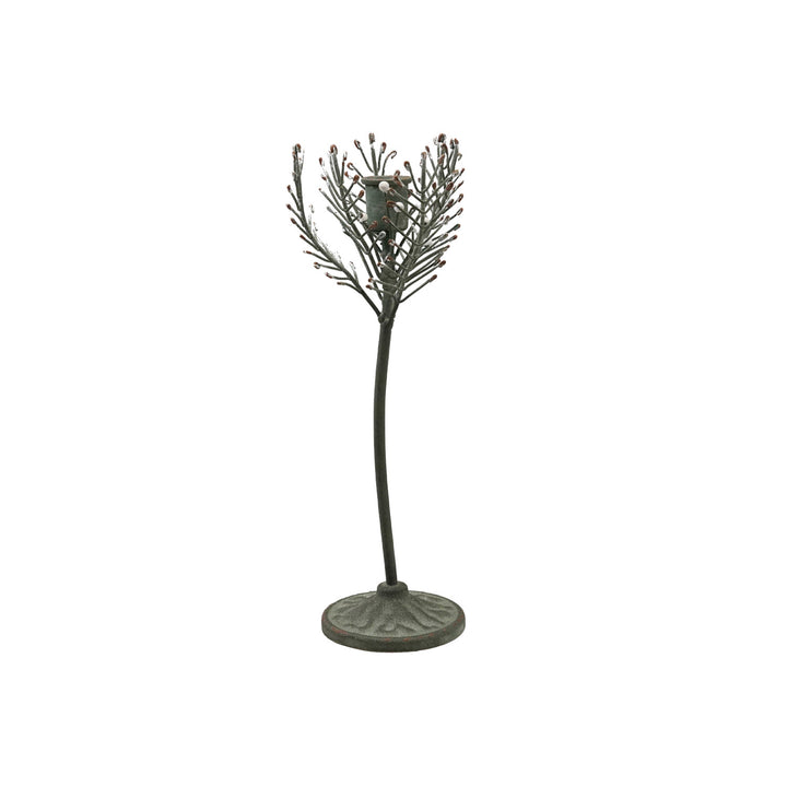 Painted Metal Pine Sprig Shaped Taper Holder, Green &amp; White