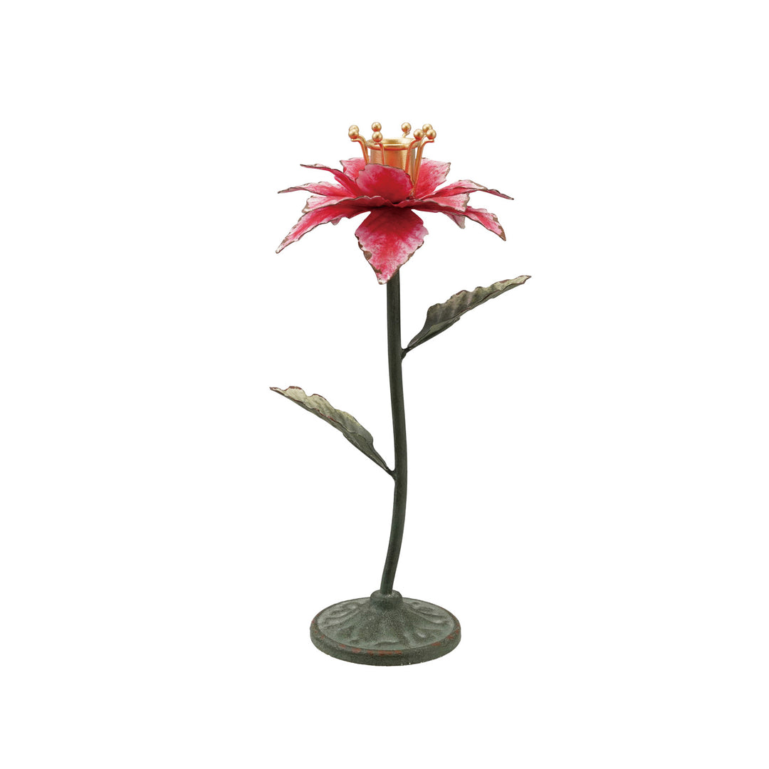 Painted Metal Poinsettia Shaped Taper Holder, Gold Color, Green &amp; Red