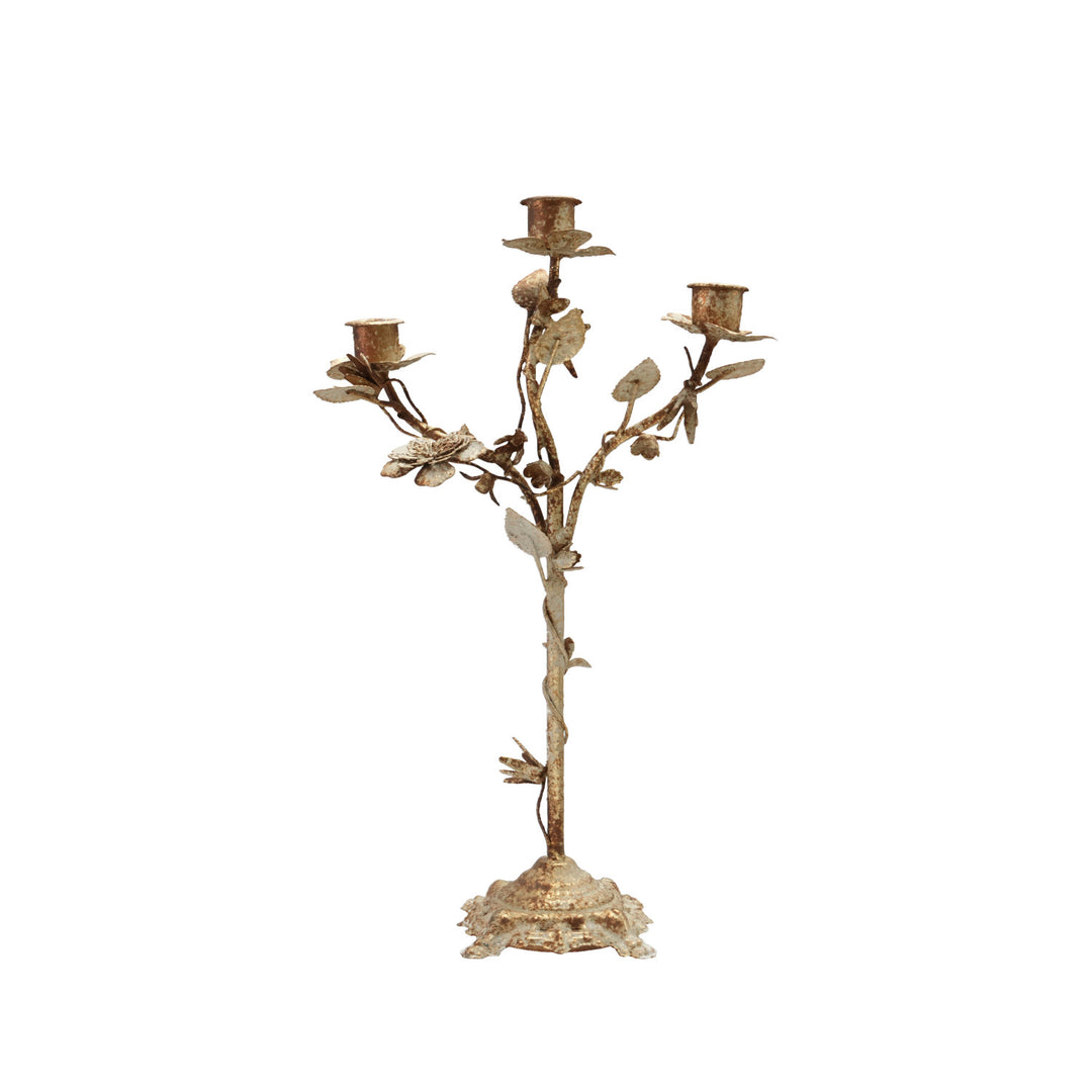 Metal Vintage Reproduction Toleware Candelabra with Leaves (Holds 3 Tapers)